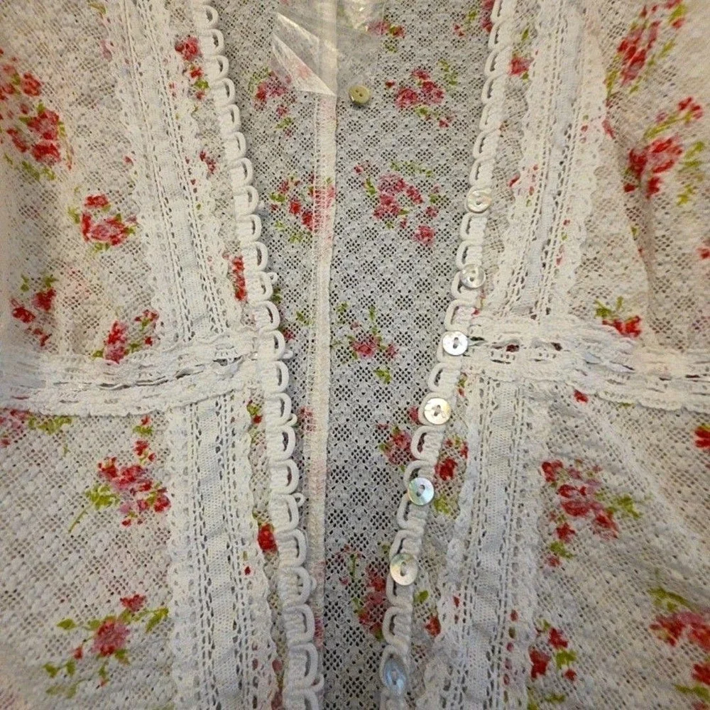 Free People Kika Top Blouse S Sheer White Lace Floral Button Front Long Coquette